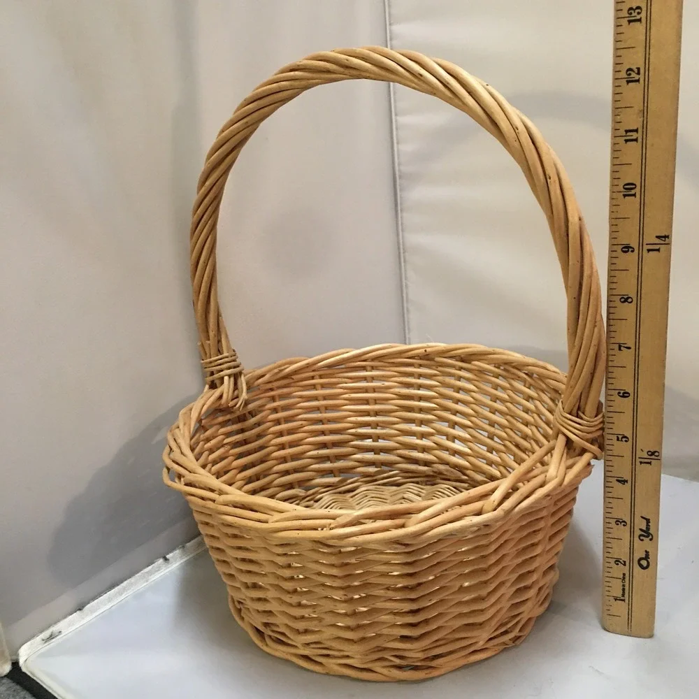 Wicker Round Basket Unisex Medium Tan Woven Willow with Handle Cottagecore